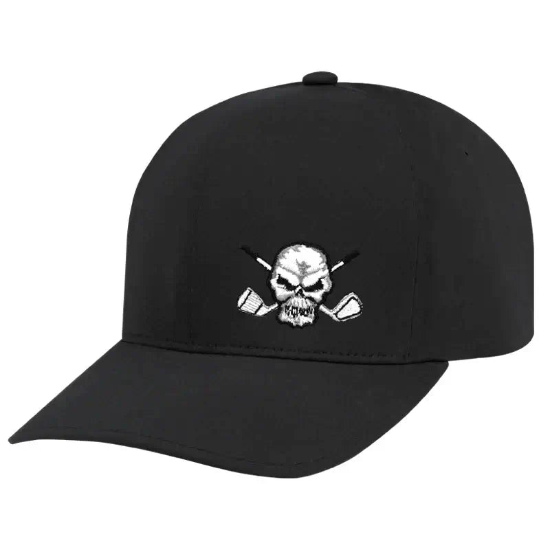 A black golf hat with a white logo of a skull and crossbones on the front.