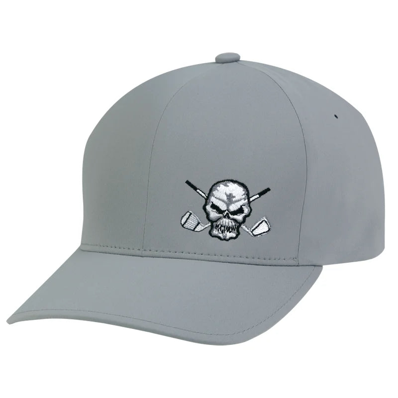 A grey golf hat with a structured front and a Skull & Crossing Clubs emblem on the front.