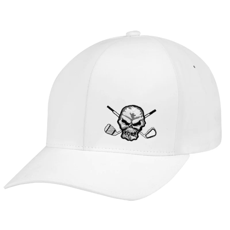 A white golf hat with a black and gray skull and crossbones emblem on the front.