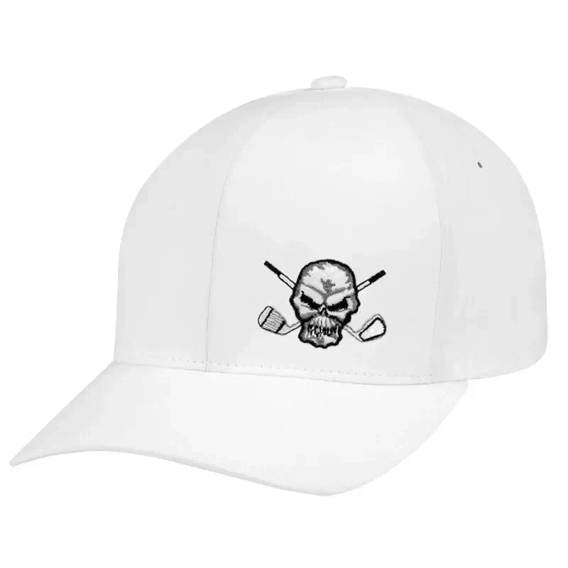 A white golf hat with a black and gray skull and crossbones emblem on the front.