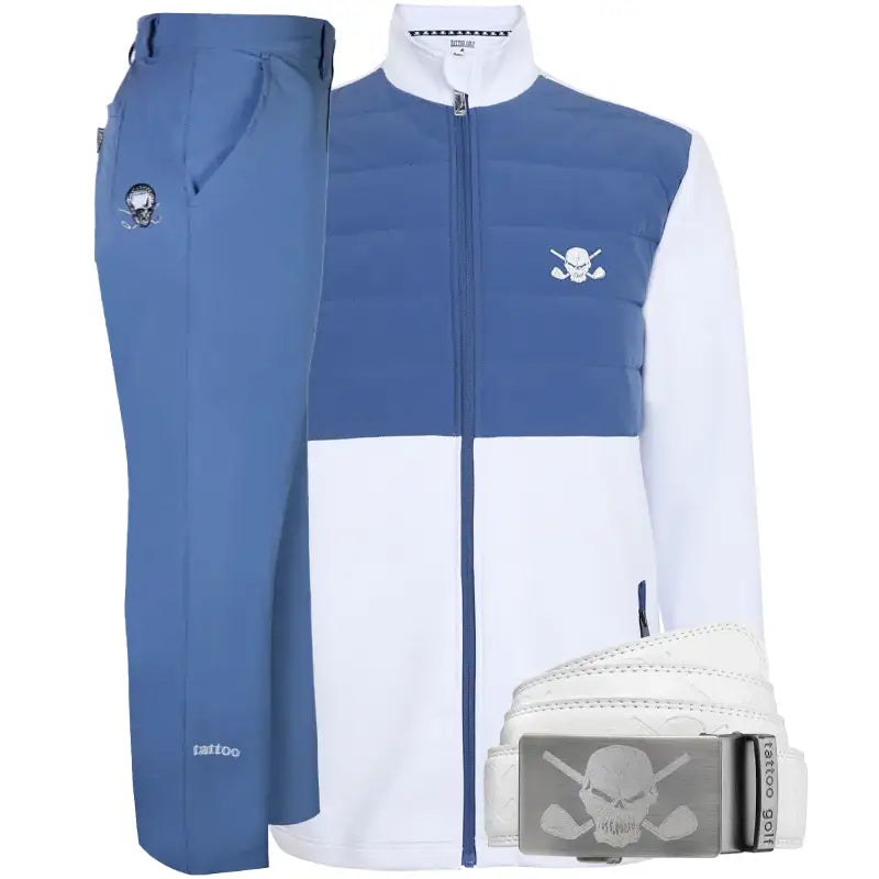Blue and white golf outfit with matching jacket, pants, and belt