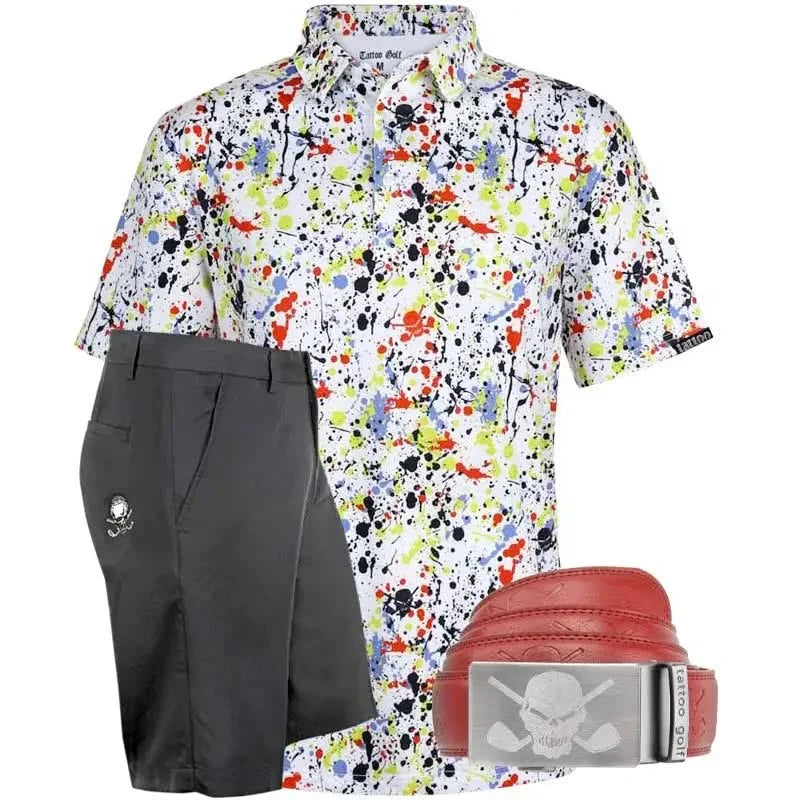 Colorful patterned shirt with black shorts and red belt