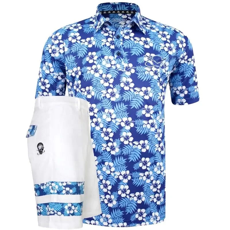 Aloha Men's Golf Shirt and Zuma Golf Shorts in blue and white with a floral pattern. The shirt has a self-fabric collar, tag-free label, and a three-button placket.
