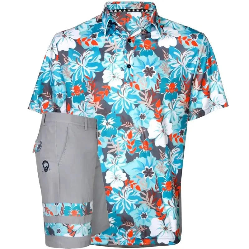 Aloha Men's Cool-Stretch Golf Shirt in teal and orange with a floral pattern, paired with grey Zuma Golf Shorts with a skull design on the waistband.