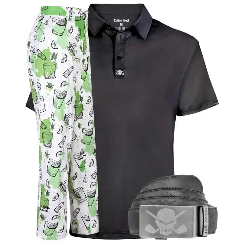 Black polo shirt, green and white patterned pants, and black belt