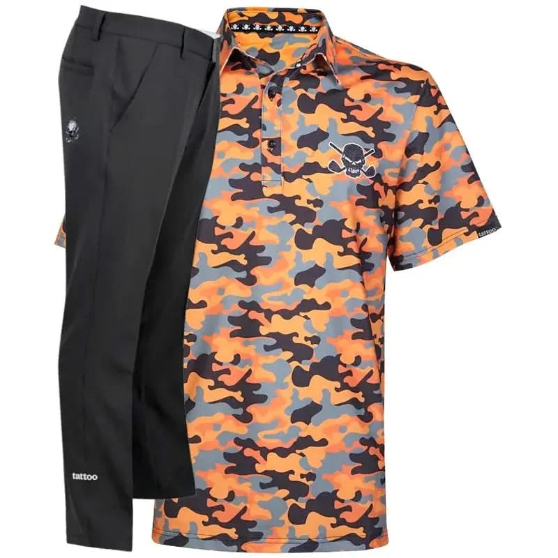 Camouflage golf shirt and black pants
