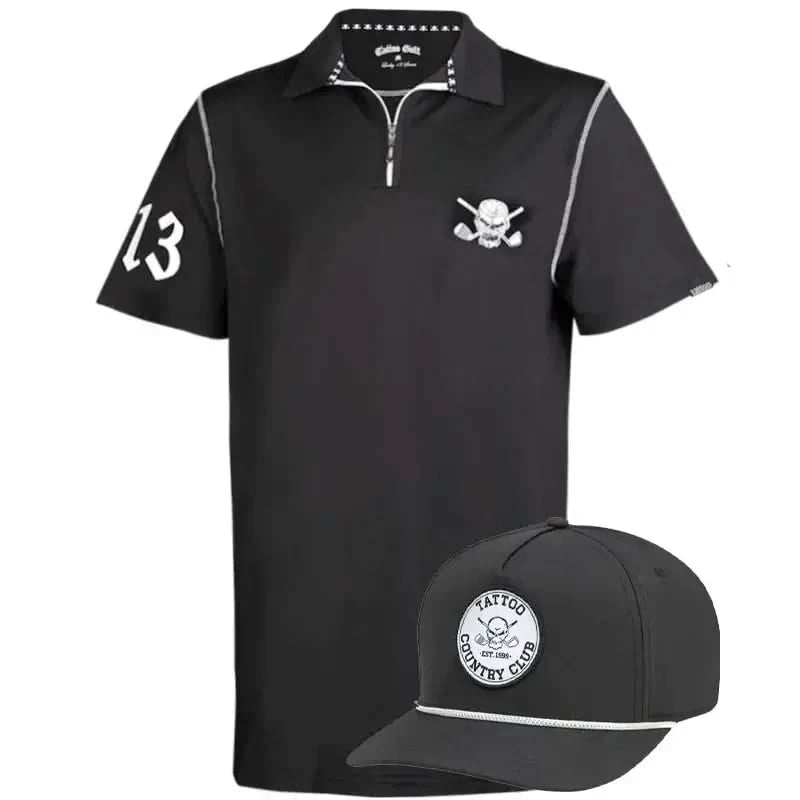 Black lucky 13 polo shirt with skull design and cap