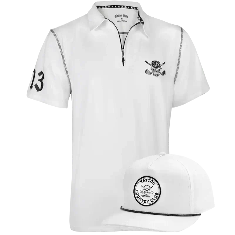 white golf shirt with zipper and white adjustable golf hat