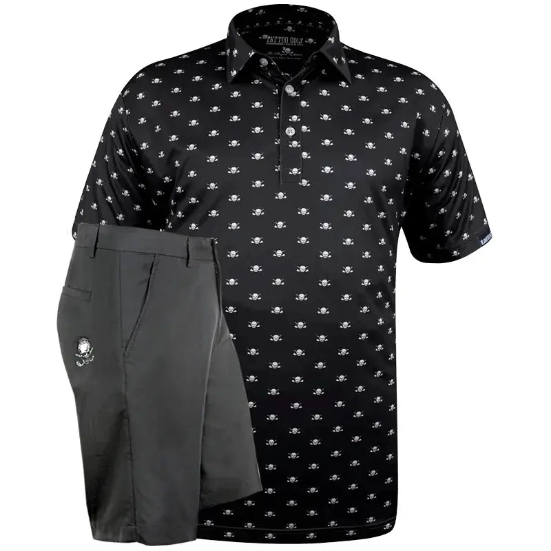 Black skull patterned shirt and gray golf shorts