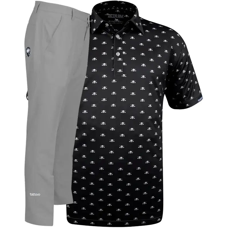 Black patterned shirt with mini skull design and gray golf pants