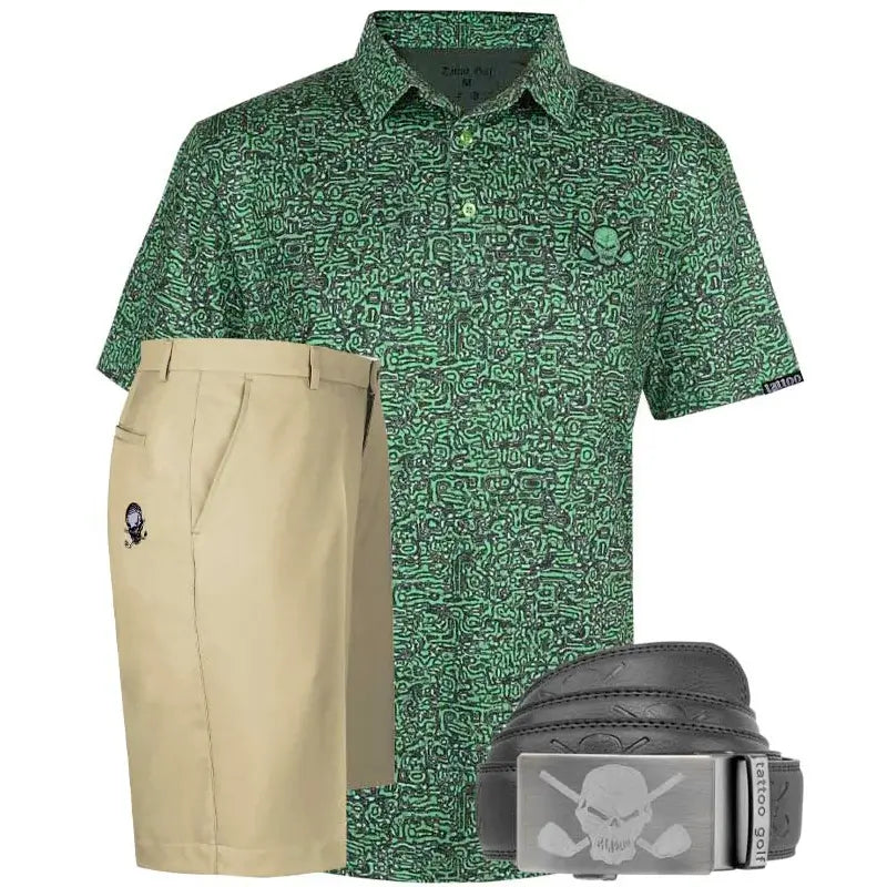 Green patterned shirt, khaki shorts, and black belt