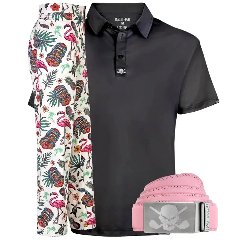 Black polo shirt, floral shorts, and pink belt with skull design