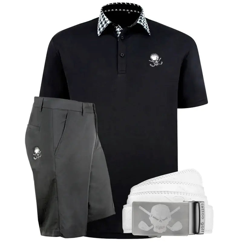 A set of black golf attire, including a polo shirt with a skull logo and checkered pattern on the collar, and matching golf shorts. A white golf belt with a skull design is also included.