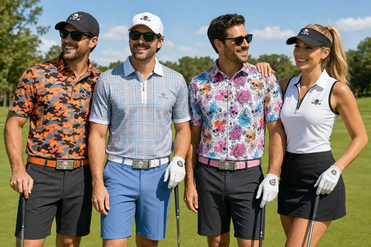 Four golfers wearing tattoo golf outfits posing on a golf course