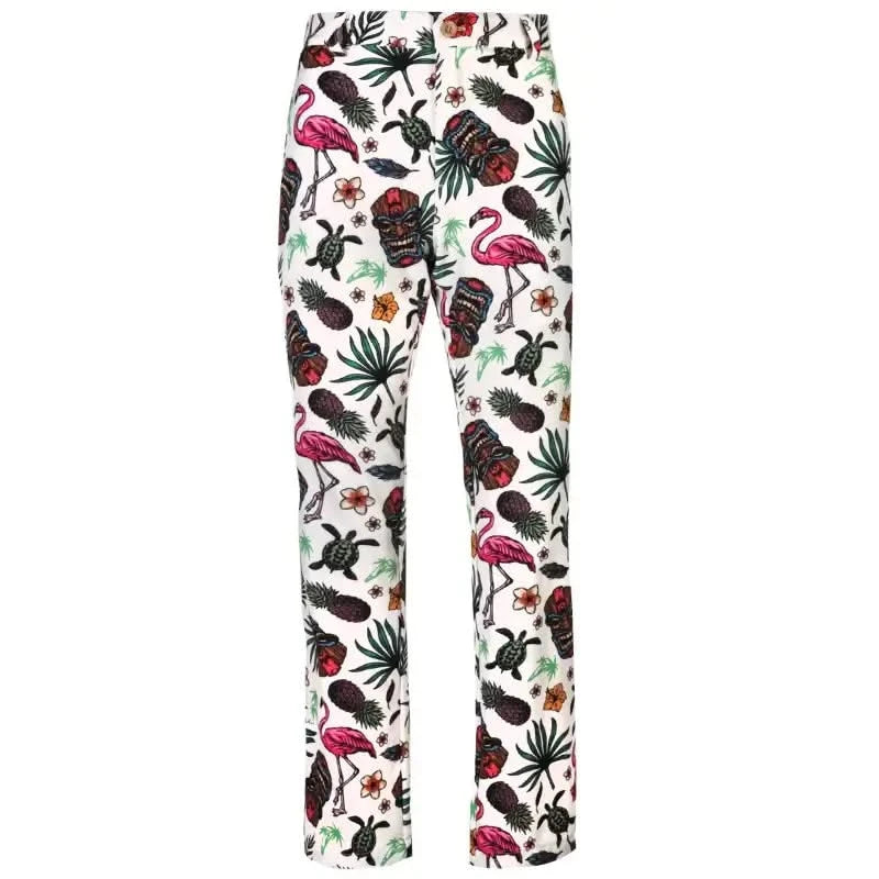 Men's golf pants with a Hawaiian Tiki theme, featuring an embroidered skull and various tropical designs