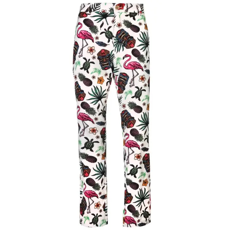 Men's golf pants with a Hawaiian Tiki theme, featuring an embroidered skull and various tropical designs