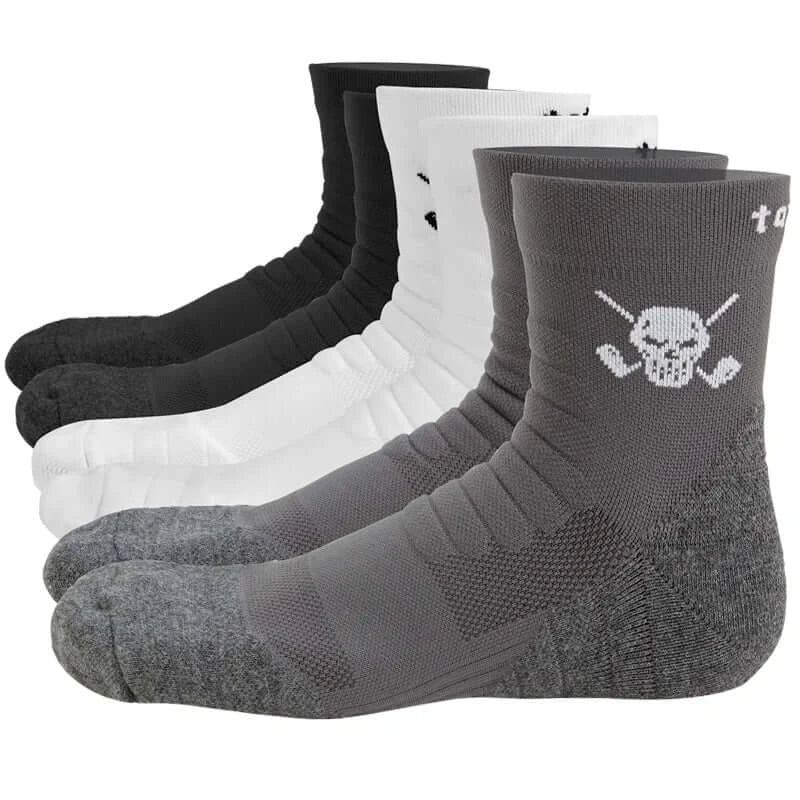 Three pairs of athletic socks with a skull and crossed clubs design on the instep, available in black, white, and gray colors.