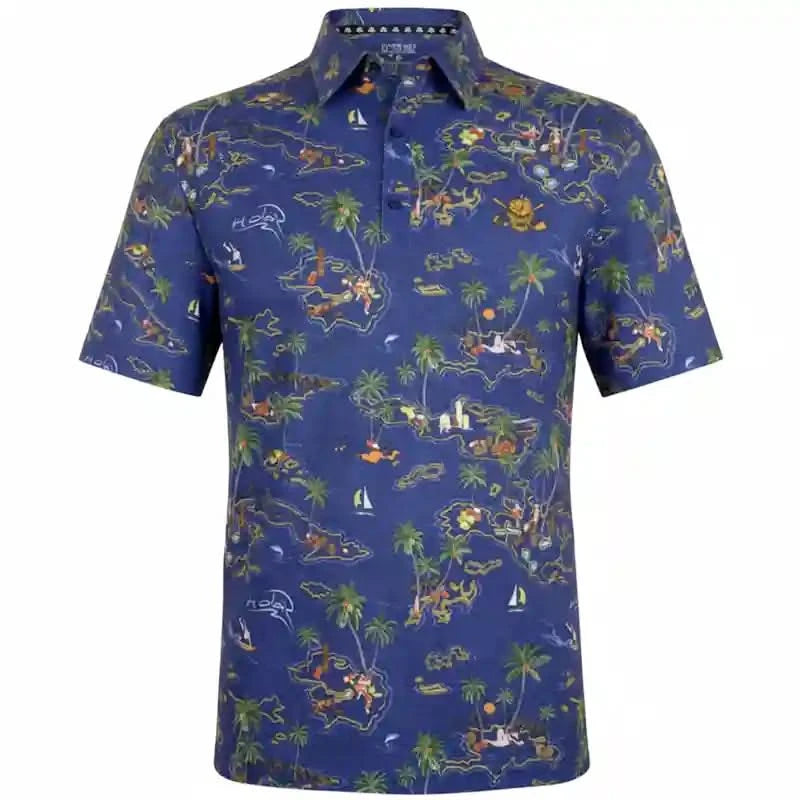 Blue golf shirt with colorful tropical pattern