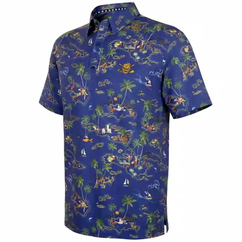 Short-sleeve polo shirt with a colorful tropical pattern