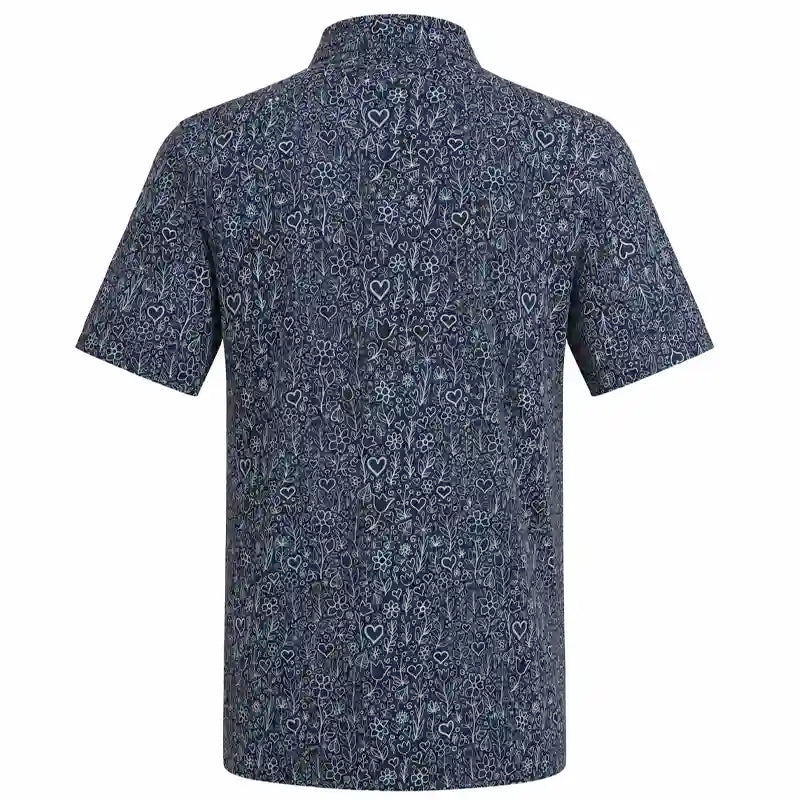 A short-sleeve button-up shirt shown from the back, featuring an all-over intricate white line-art pattern of hearts, flowers, and cactus silhouettes on a dark navy blue background.