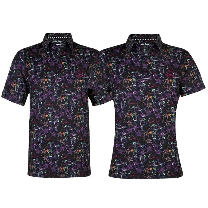 A pair of men's and women's golf shirts with a colorful skull and crossed clubs design on a black background.