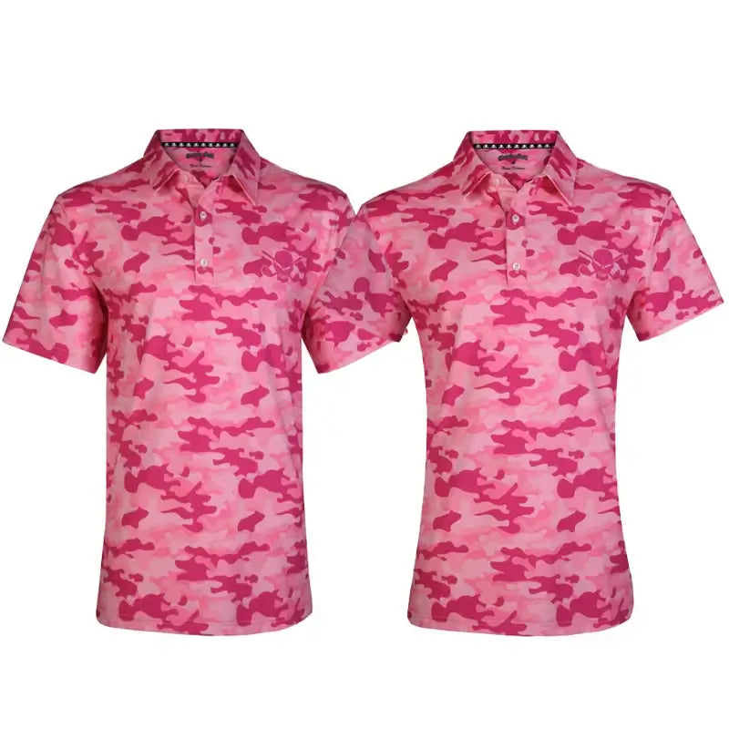 Couples pink camouflage golf shirts with a collar and three-button placket, displayed front and back.