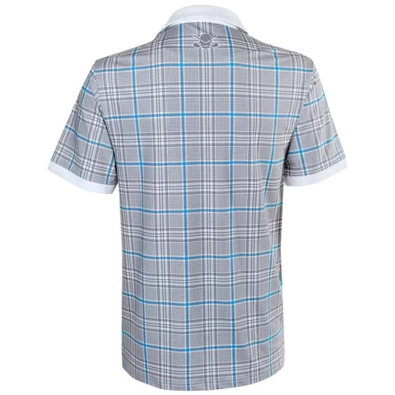 HT Plaid Cool-Stretch Men's Golf Shirt in Blue/Grey showcasing the stylish back view with classic plaid design.