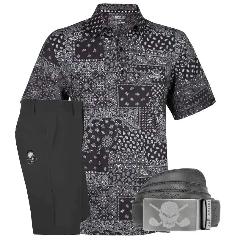 Black and white patterned shirt, black shorts, and black belt