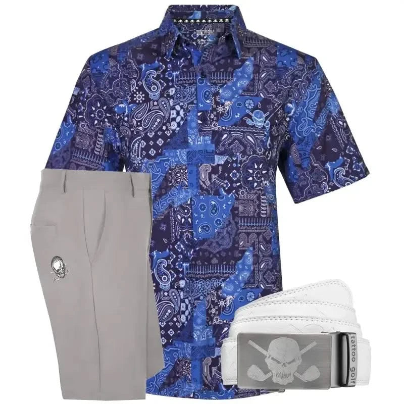 Blue patterned shirt, gray shorts, and white belt
