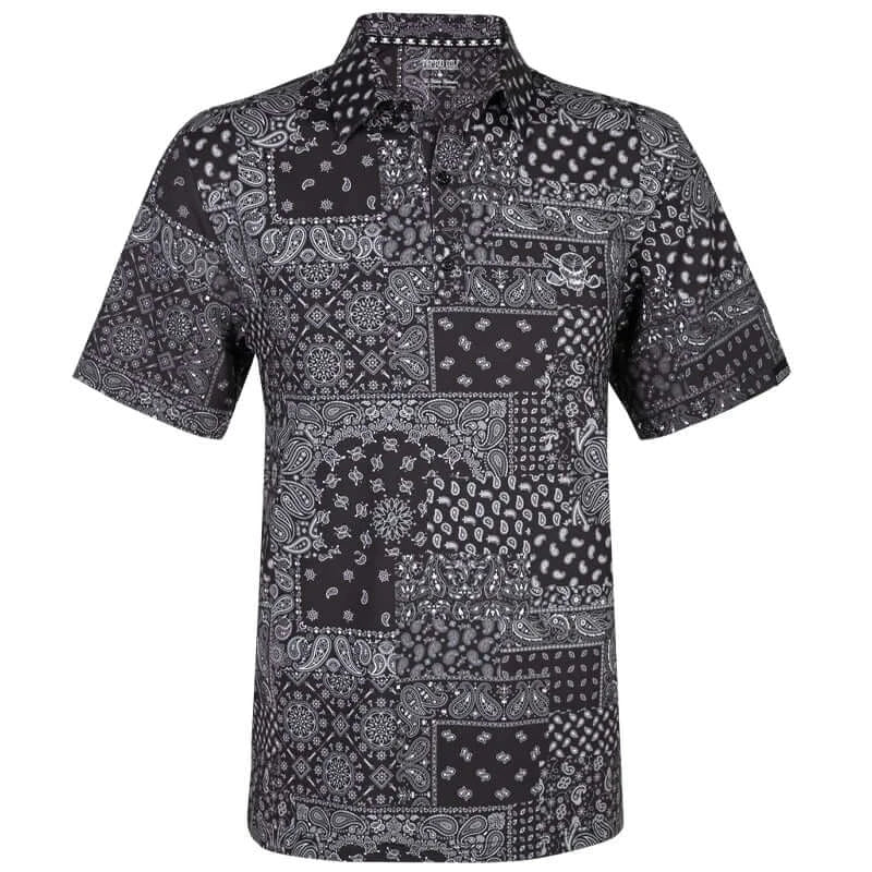 A black golf shirt with a bold bandana pattern and Tattoo Golf's signature skull and golf club motif.