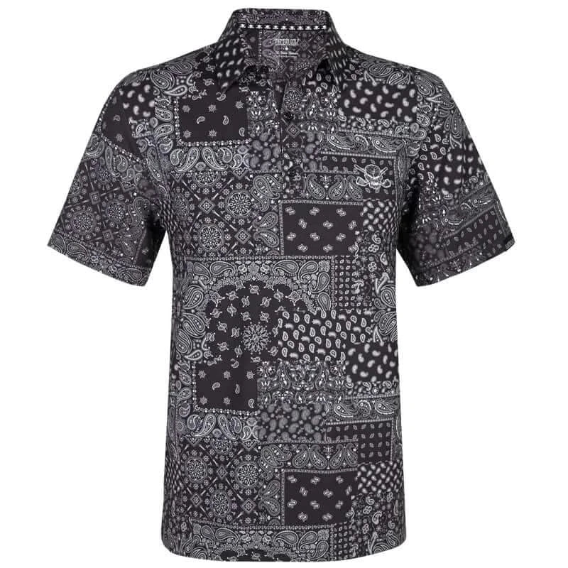 Hustler Cool-Stretch Men's Golf Shirt in Black featuring a bandana-inspired design.