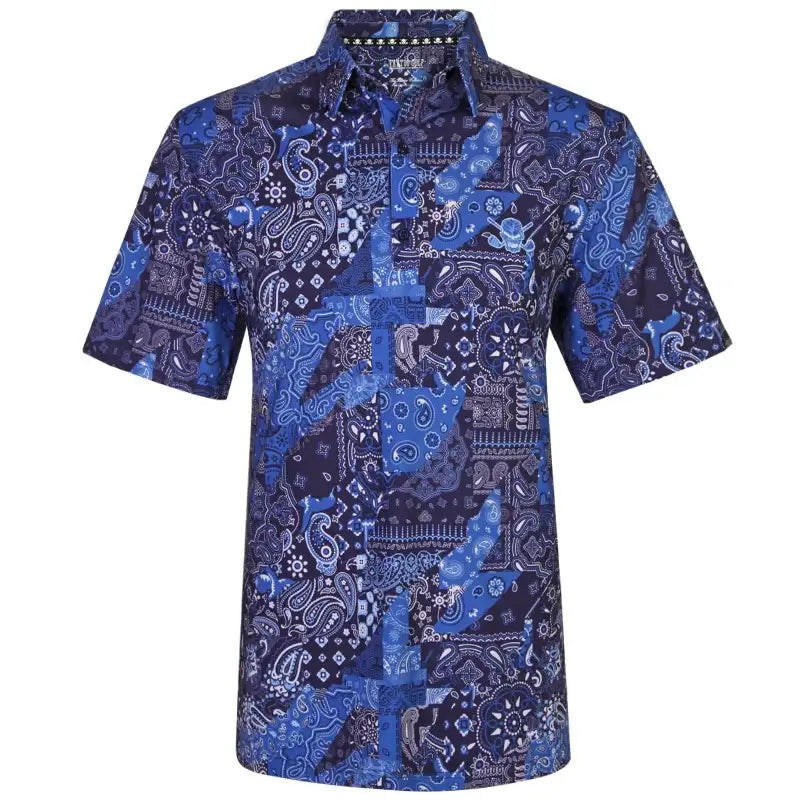 A men's blue golf shirt with a bold bandana pattern and Tattoo Golf's signature skull and golf club motif.