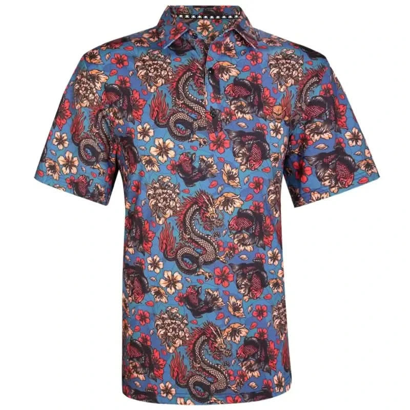 A multicolor men's golf shirt with a floral and animal pattern, featuring a prominent dragon and koi fish design.