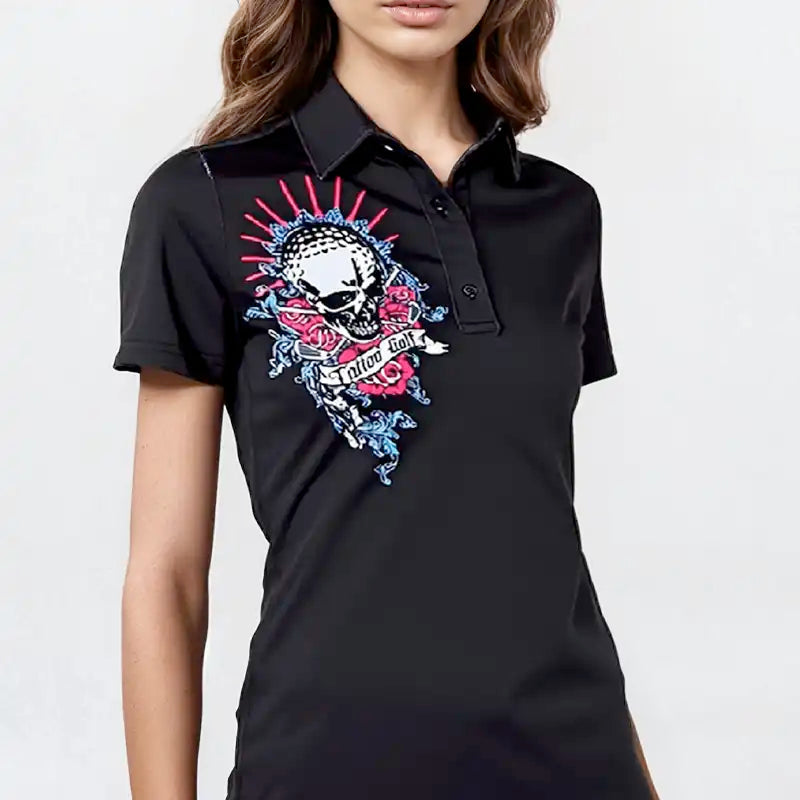Black polo shirt with a colorful skull and floral design on a white background