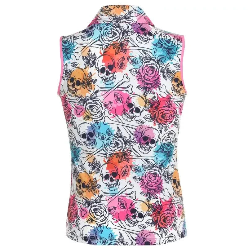 Wild and Colorful sleeveless women's golf shirt with skull and rose pattern