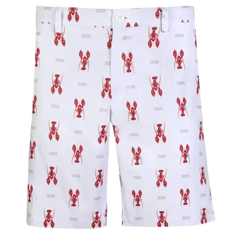 Men's golf shorts with a white background featuring a red lobster pattern.