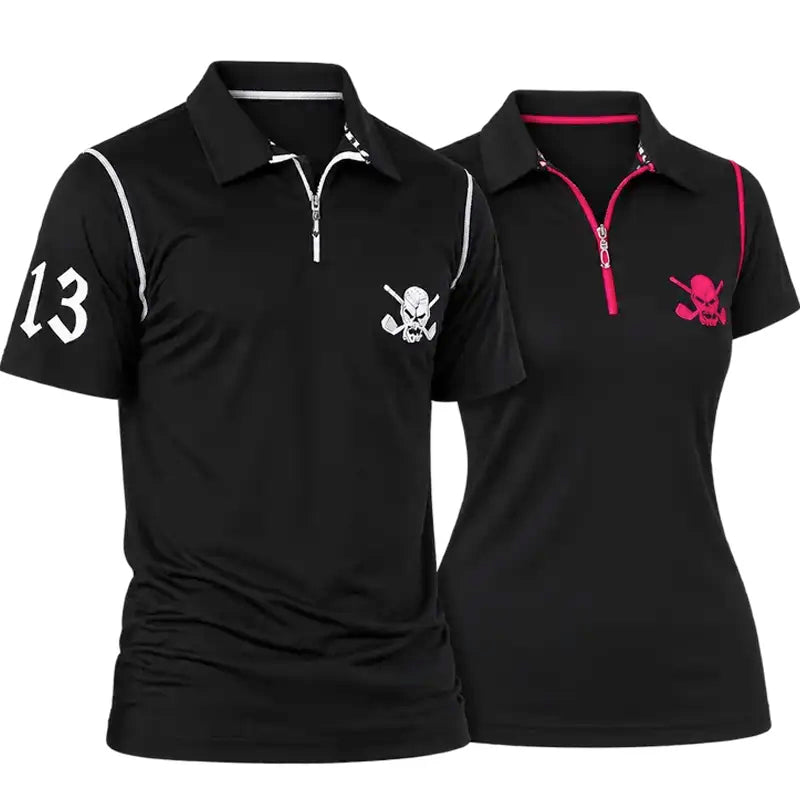 Lucky 13 Zipper Matching Couples Golf Polo's (Black)