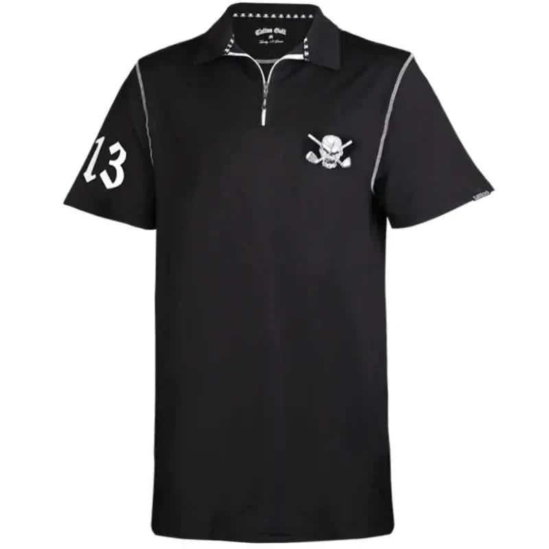 A black golf shirt with contrast stitching, a color-matched zipper, and the number 13 on sleeve. Skull & crossing clubs design on front and back