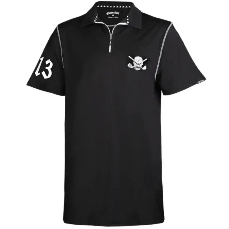 Lucky 13 Hybrid Zipper Cool-Stretch Golf Shirt in Black with skull and crossbones design.