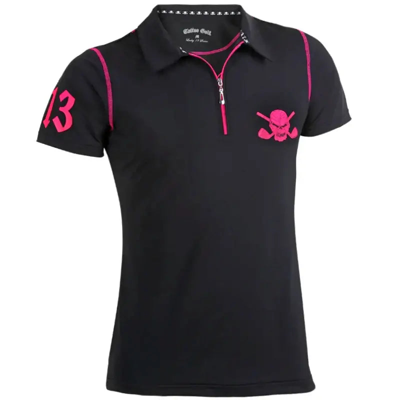 A black and pink women's golf shirt with a skull and crossbones logo on the chest and a zipper instead of buttons.