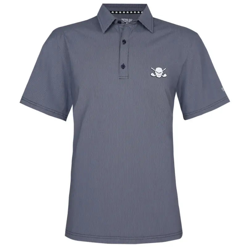A blue men's golf shirt with a three-button placket, featuring a raised rubber logo on the chest.