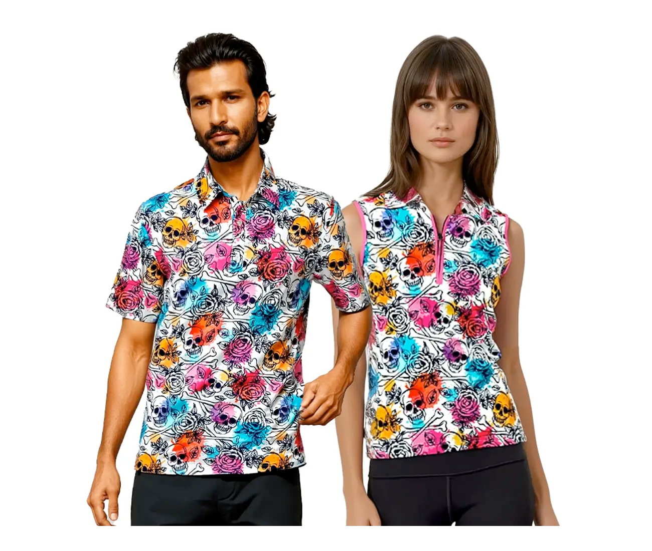 Man and woman wearing colorful floral and skull patterned shirts