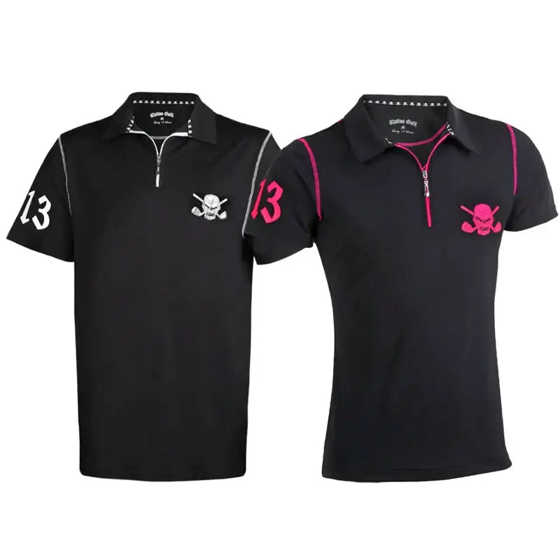 A black golf polo shirt for men and women with a skull and crossed clubs design on the chest and a hot pink zipper on the women's shirt.