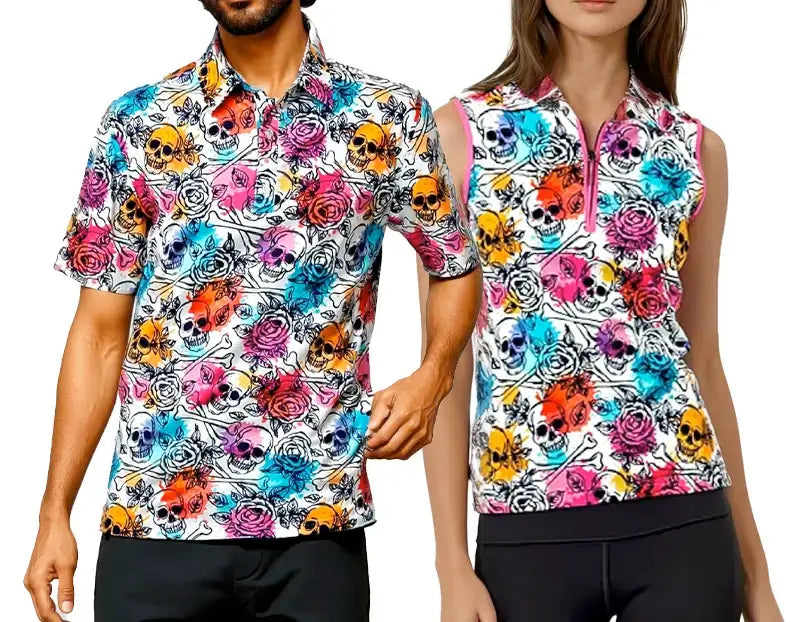 Two people wearing colorful floral and skull patterned shirts