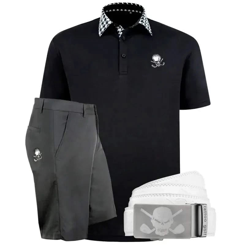 Black polo shirt with skull design, gray shorts, and white leather ratchet belt with skull design