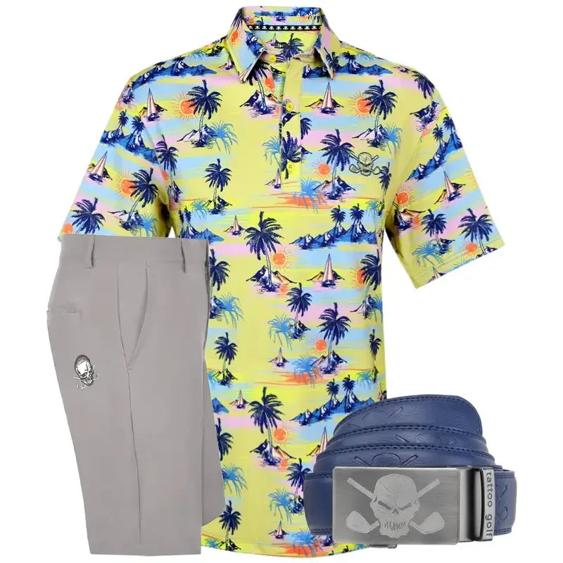 Colorful tropical golf shirt with gray shorts and blue belt