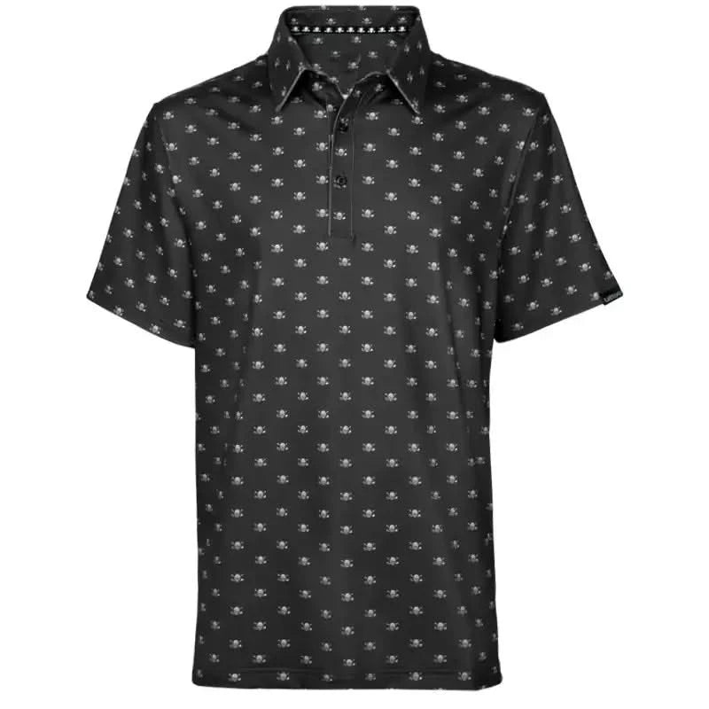 A black men's golf shirt with a subtle repeating skull and crossing clubs pattern, featuring a classic three-button placket and a self-fabric collar.