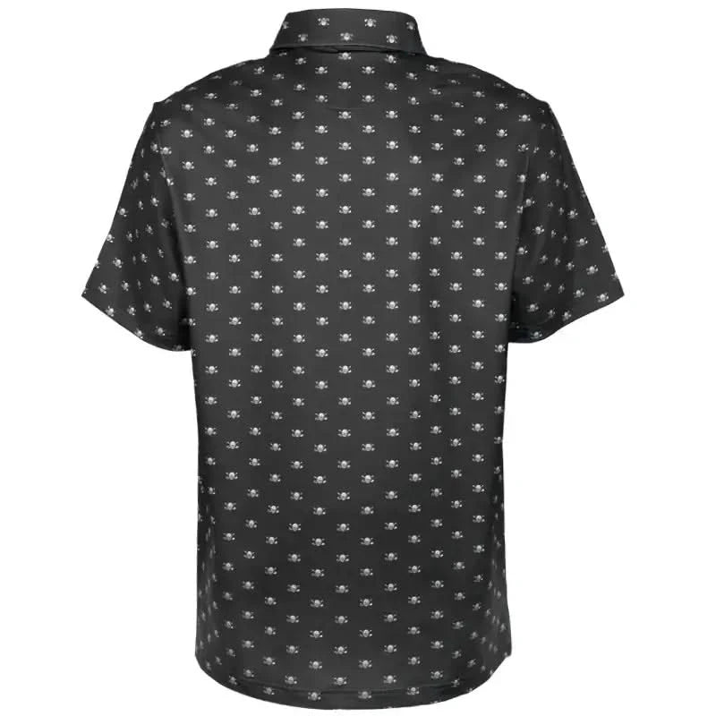 Micro Skull Cool-Stretch Men's Golf Shirt black back view with subtle micro skull pattern