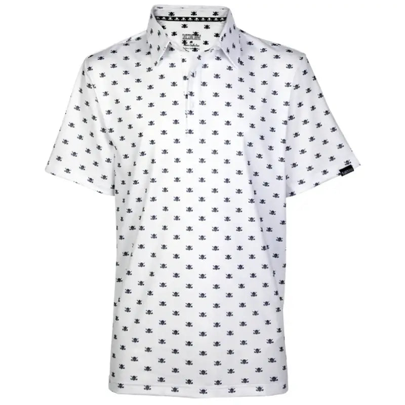 white golf shirt with black skull design