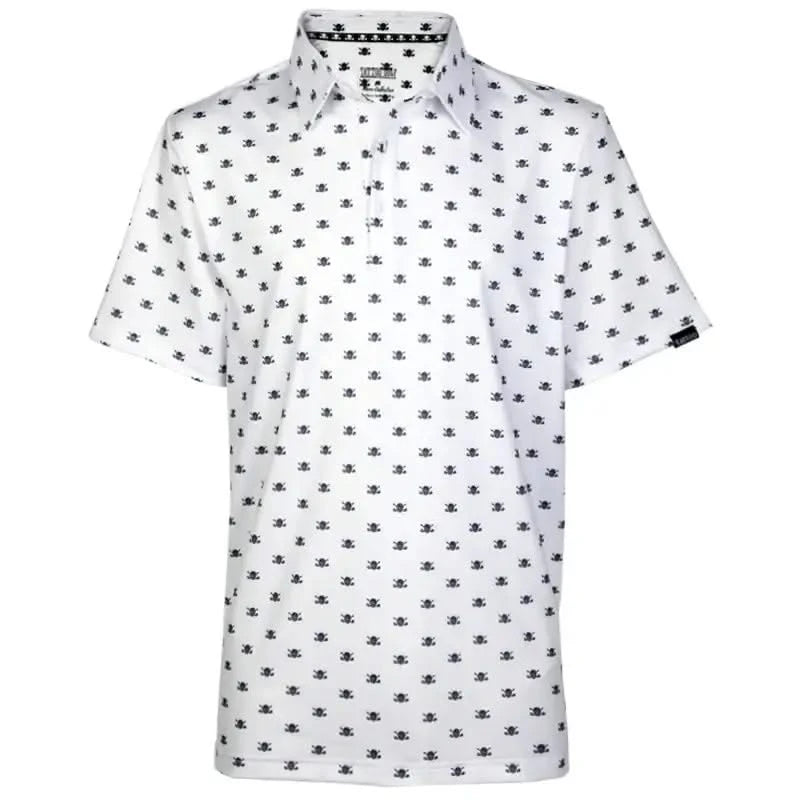 Micro Skull Cool-Stretch Men's Golf Shirt in White with skull and crossed clubs pattern.